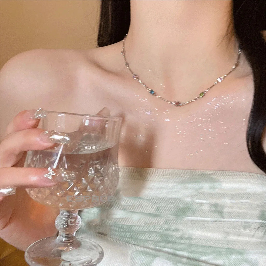 Square colour artificial crystal pendant on gold tone clavicle chain necklace with geometric design