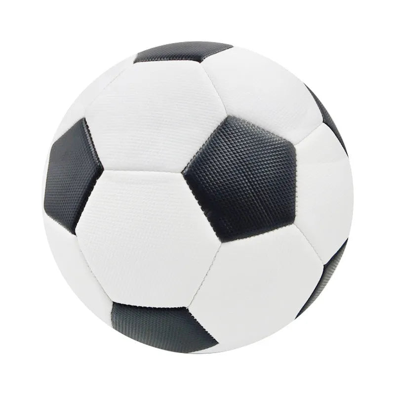 Machine-sewn PVC football in sizes 3, 4, and 5 shown in various colour patterns including red dragon roll and tornado blue.