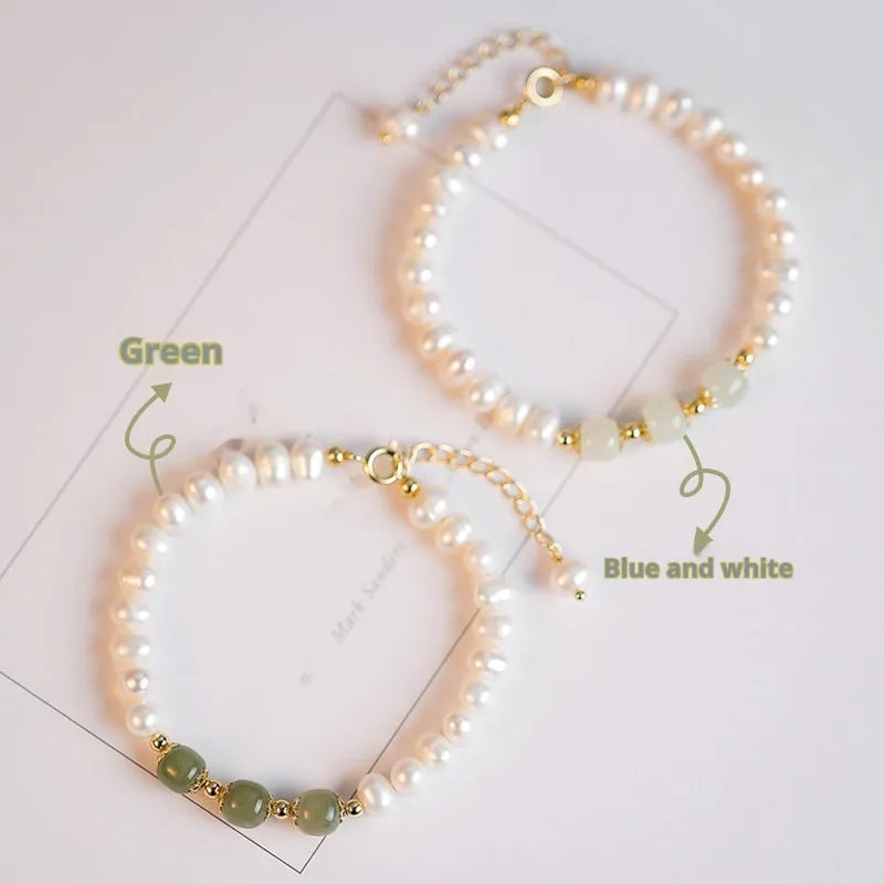 Korean style freshwater pearl bracelet with diamond-shaped electroplated beads in jade colours