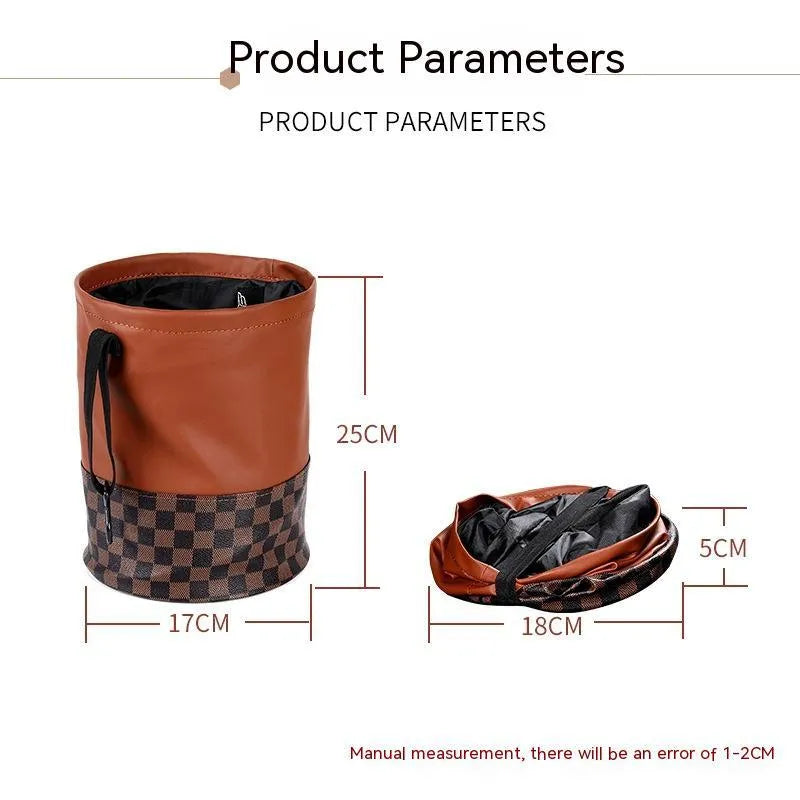 Retractable leather interior trash can with folding design and carrying handle