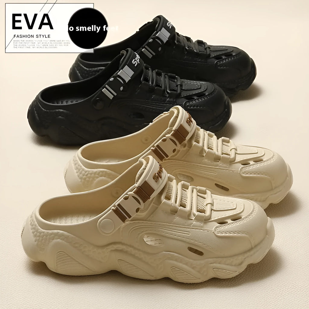 Men's khaki outdoor summer slippers with hollow-out design and textured EVA sole.