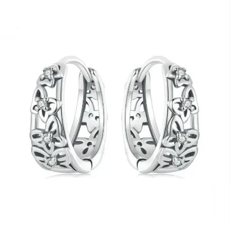 Sterling silver hollow butterfly earrings with zircon stones measuring 14mm by 5mm