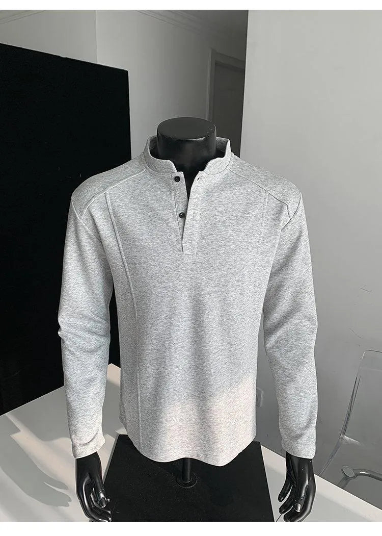 Men's polo shirt with stand-up collar and patchwork shoulder detailing in Chinese cotton fabric