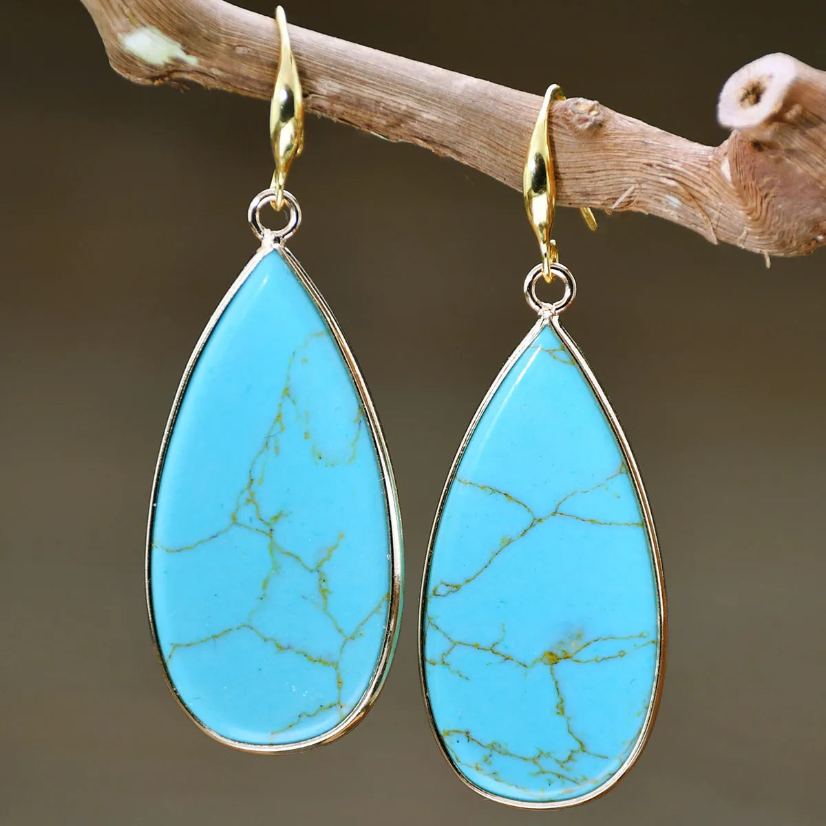 Vintage drop-shaped stone earrings in Tigereye, amethyst, pink crystal, Redstone, or turquoise colours.