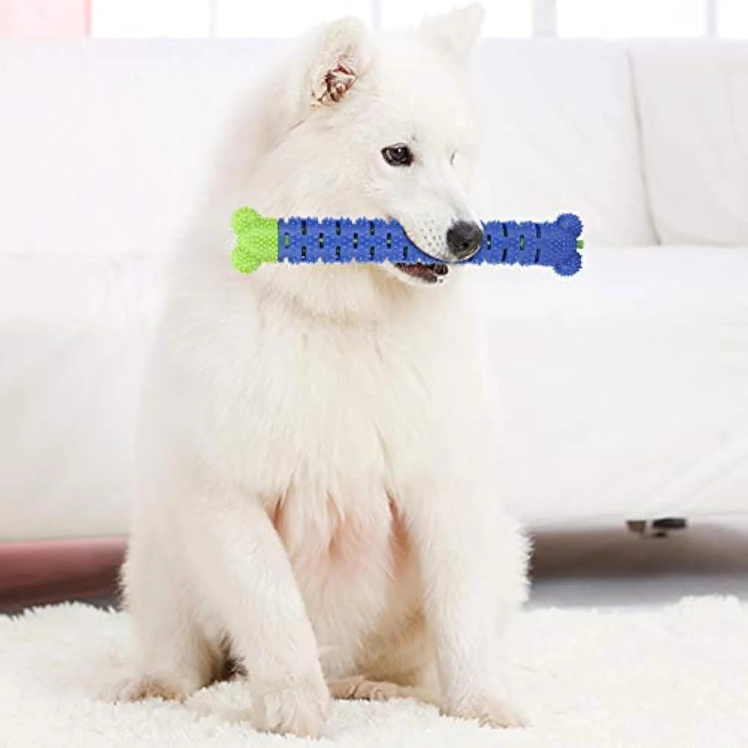 Blue green dog molar cleaning stick with serrated brush head design for dental care