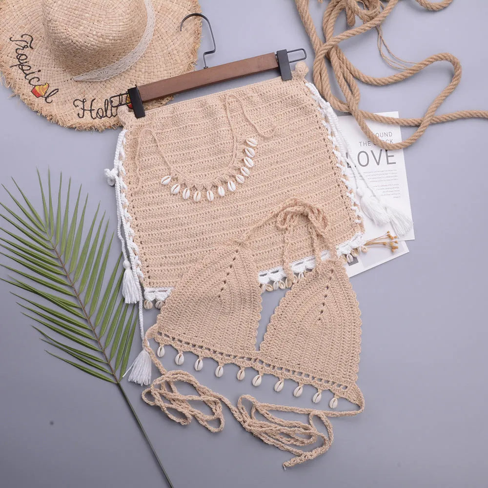 Women's handmade lace-up split swimsuit in cotton blend fabric available in three colour options