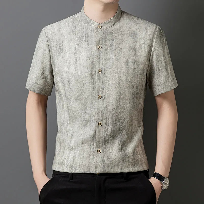 Men's loose fit short sleeve linen cardigan shirt with stand collar in black grey colour
