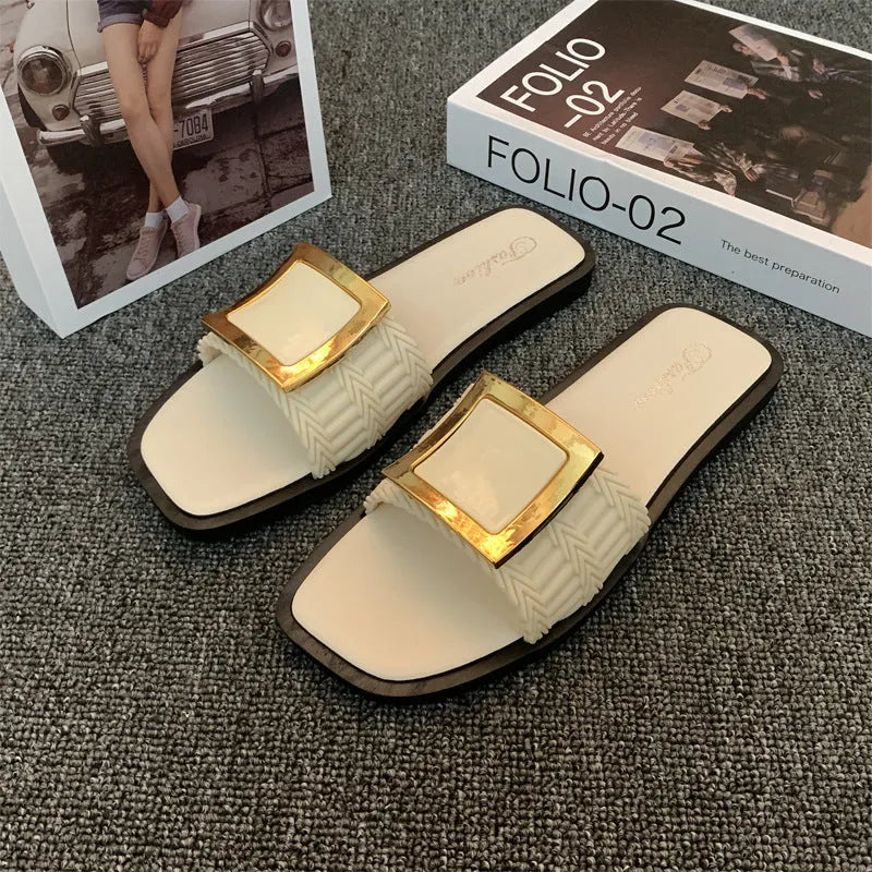 Women's casual flat slippers in apricot colour with a lightweight PVC sole.