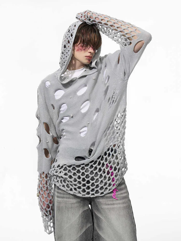 Men's black thin knit hoodie with pearl decorative detail and hood