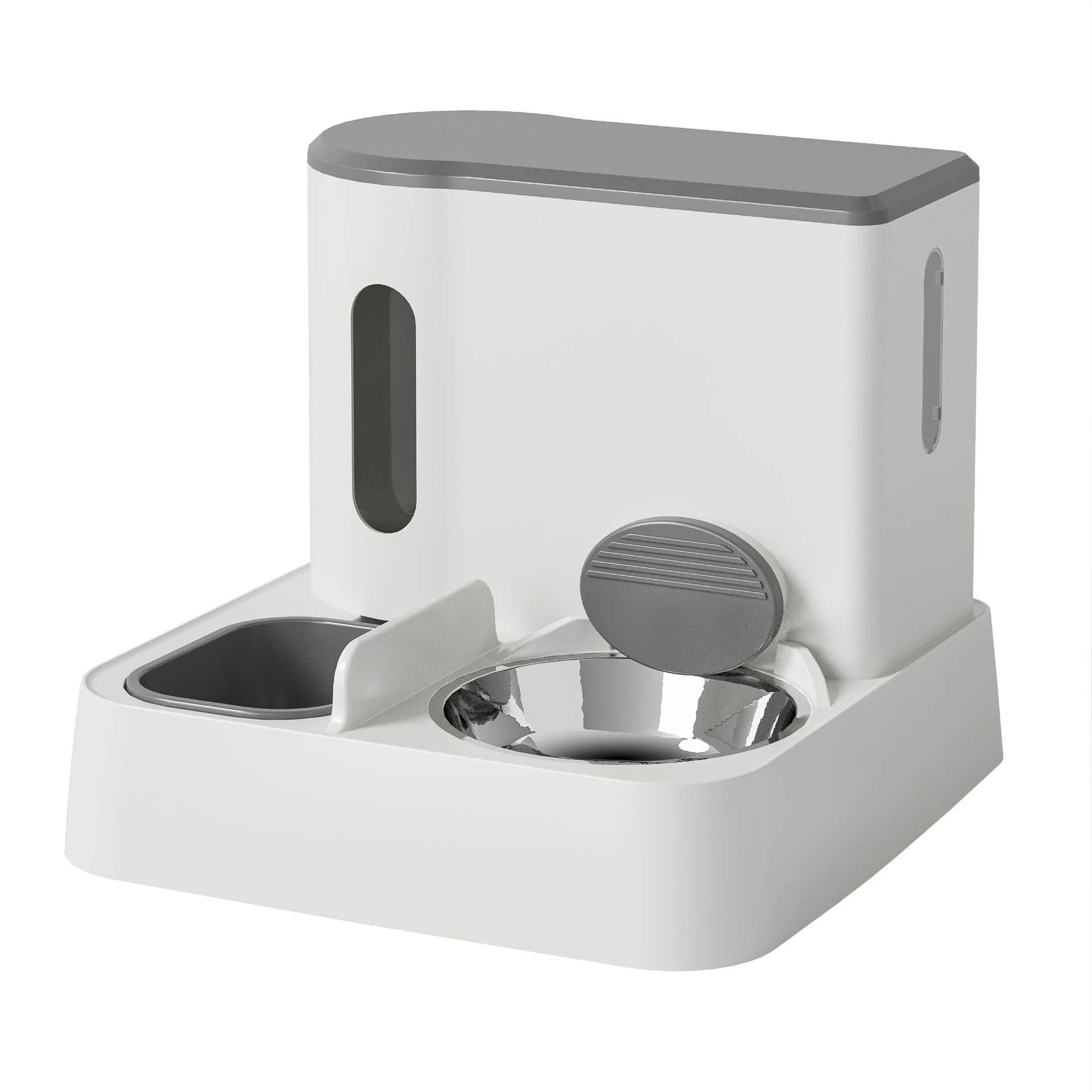Grey automatic cat feeder and water dispenser station with integrated double bowls on a wooden floor.