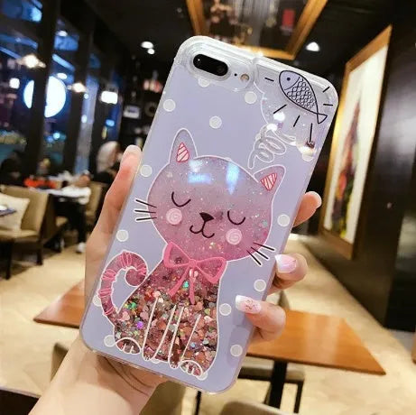 Four cat-themed glitter phone cases for iPhone models with bright colours
