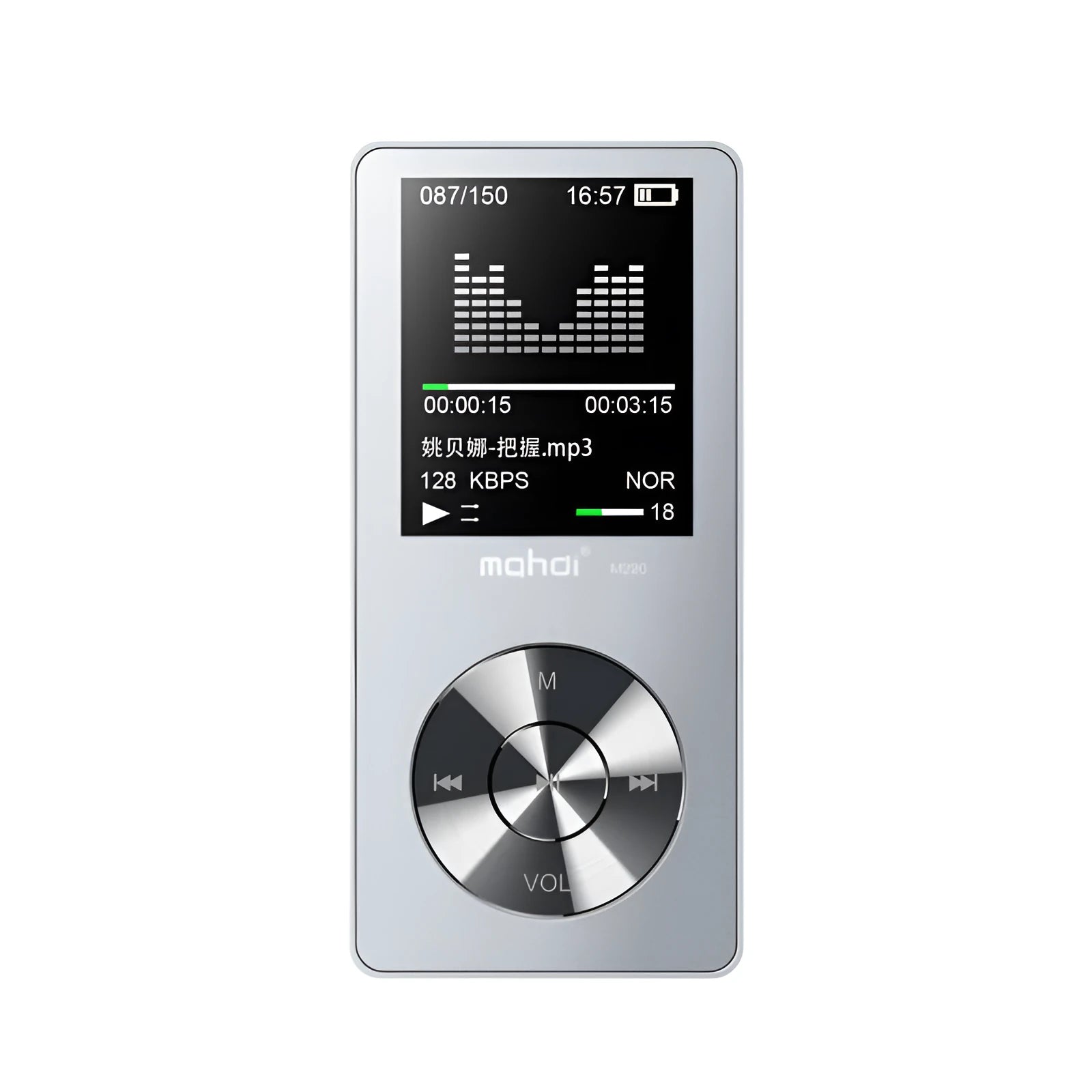 Gold metal MP3 music player with 1.8-inch screen showing menu, placed on a dark surface.
