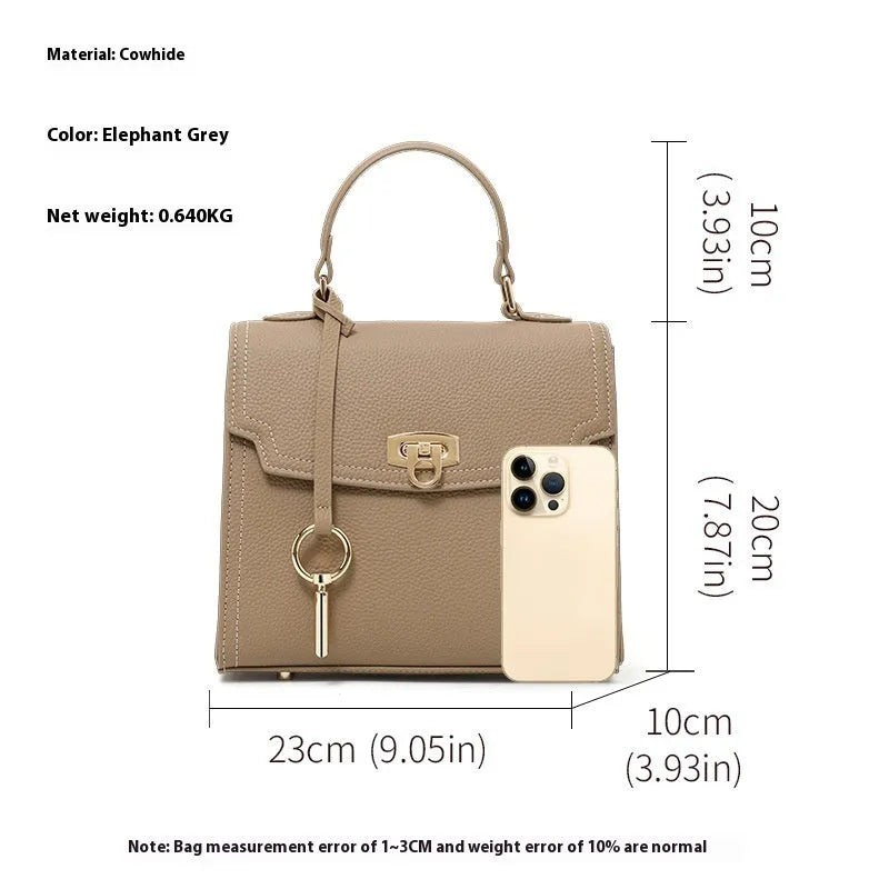 Elephant grey genuine leather vintage lock handbag with square vertical shape and file compartment