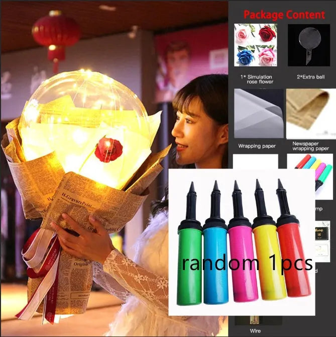 Transparent LED luminous balloon bouquet with artificial rose and glowing light inside, displayed as a DIY kit.