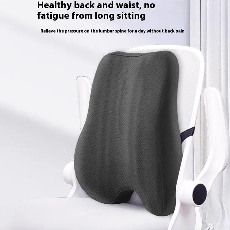 Grey contoured lumbar support cushion for office chair, shown next to navy blue and pink colour options.