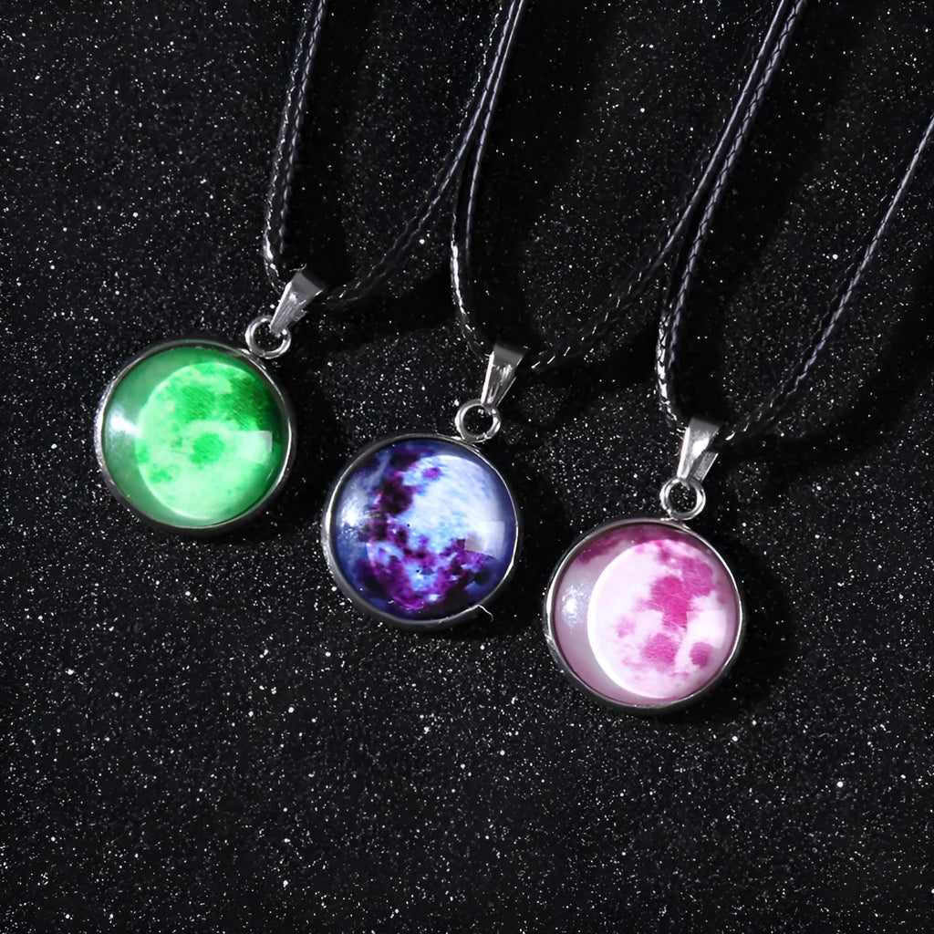 Christmas moon night sky luminous alloy pendant necklace with colourful glass constellation design