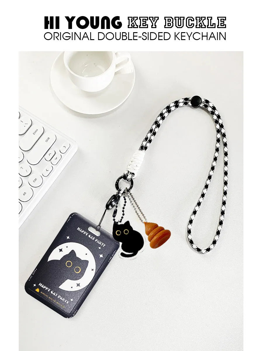Cartoon little black cat design plastic card holder with ferrule pendant for student ID and transport cards.