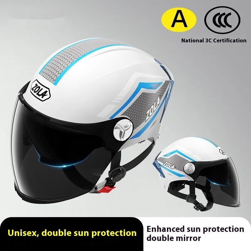 Children's motorcycle half helmet with double mirror visor in light brown colour variant
