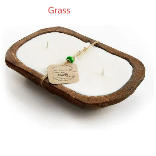 Lavender soy wax candle in wooden basin container with three wicks