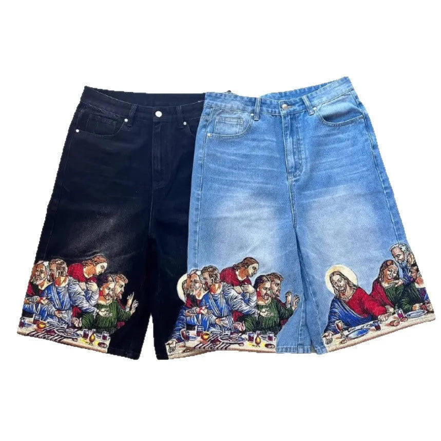 Men's blue cotton shorts with Jesus printed design on back pocket showing tapered fit