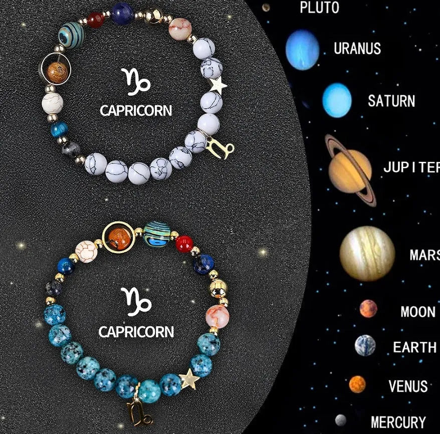 Set of twelve natural stone beaded bracelets for each zodiac sign arranged together.