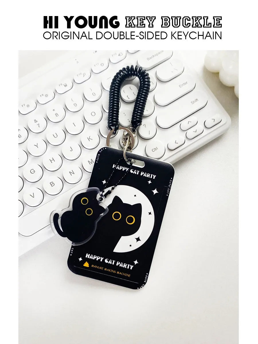 Cartoon little black cat design plastic card holder with ferrule pendant for student ID and transport cards.
