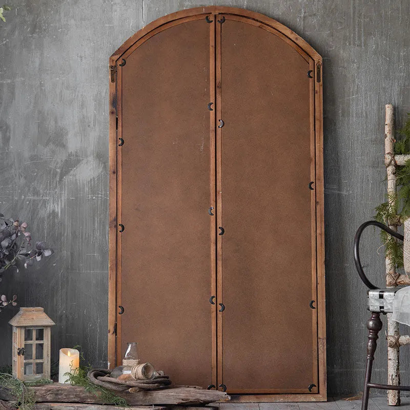 Distressed wooden frame fake window wall mirror with decorative glass panels in log colour finish