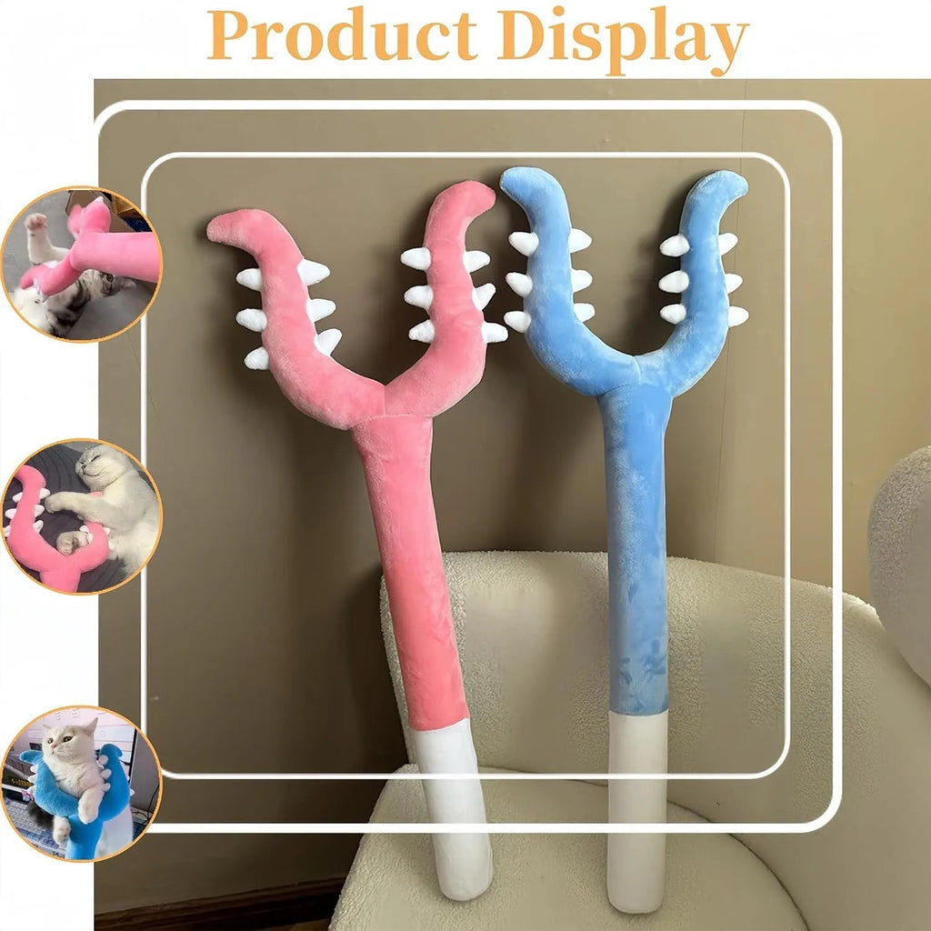 70cm plush cat wand toy for indoor cats in blue colour with plush-wrapped construction
