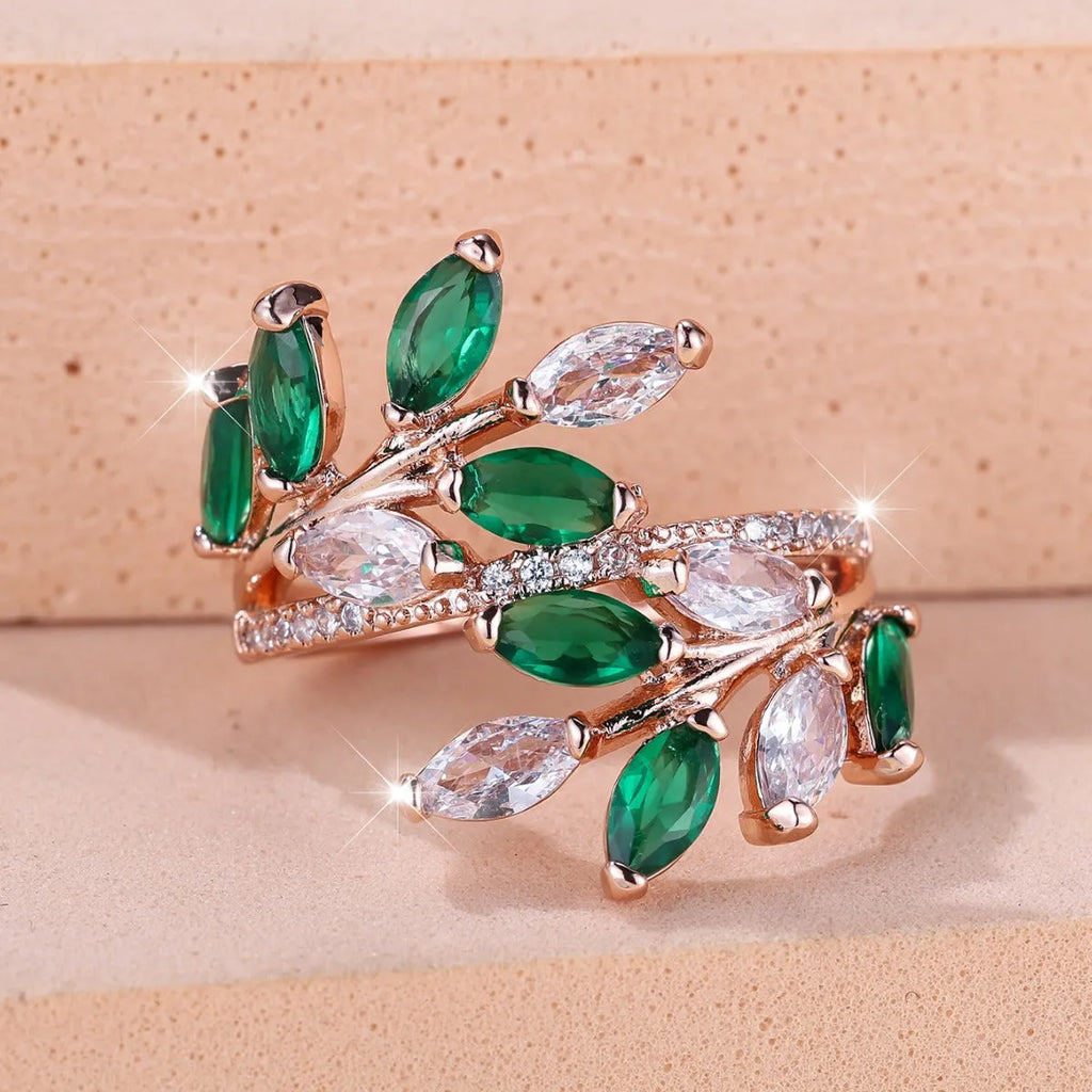 Adjustable copper leaf ring with horse eye zircon stone in multiple colour options