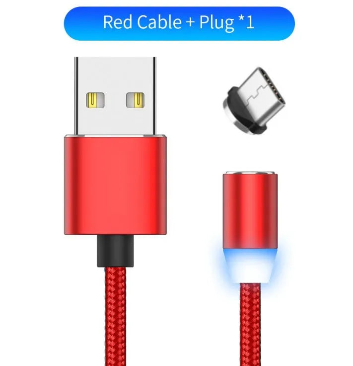 Black magnetic charging cable with LED light and aluminium connectors showing magnetic tip attachment