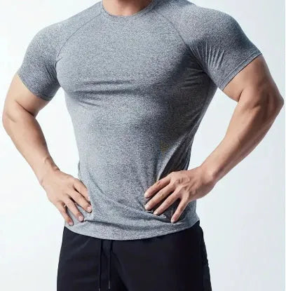 Men's tight stretch quick-drying round neck short sleeve t-shirt in chemical fibre polyester blend