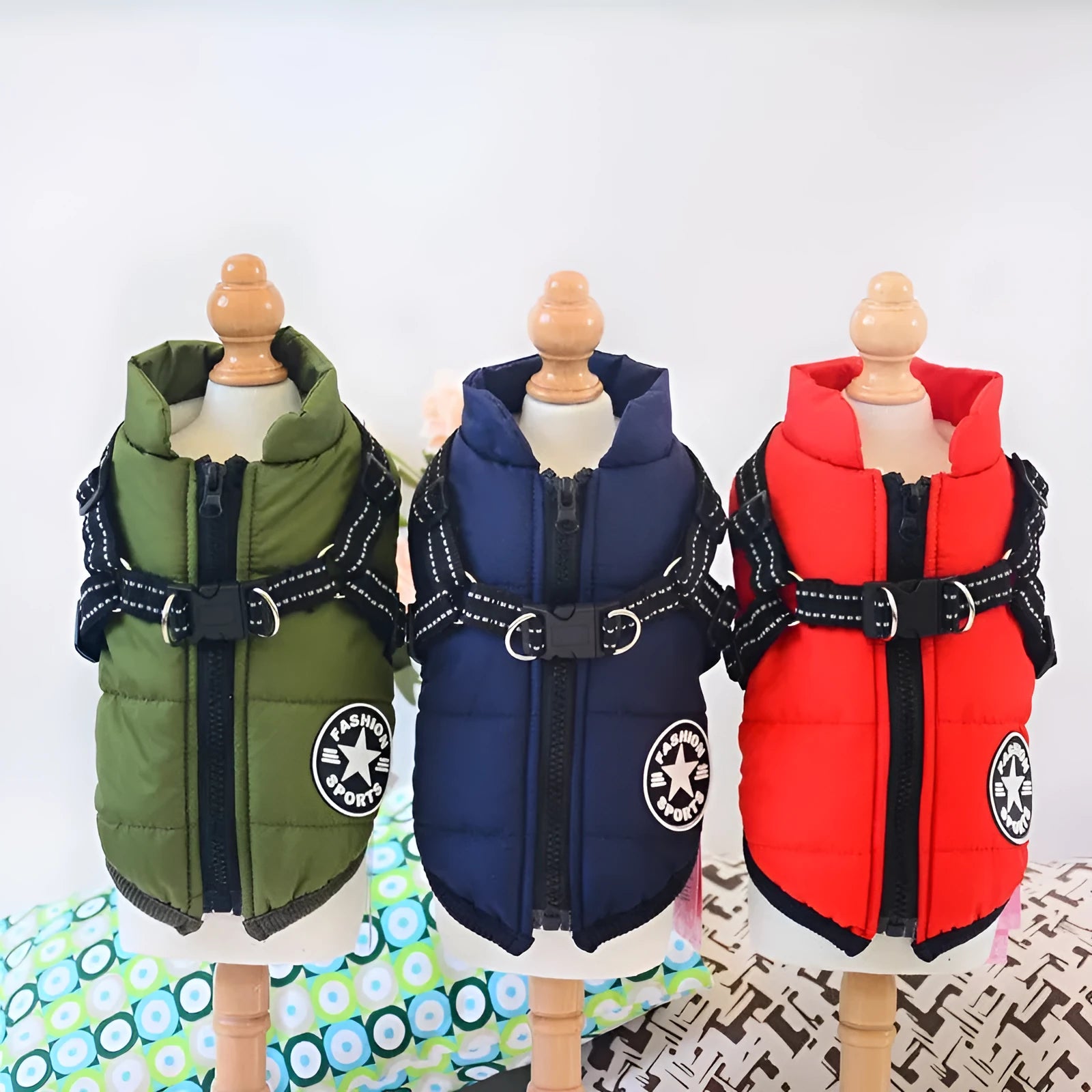 Red waterproof dog coat with integrated harness on a Labrador.