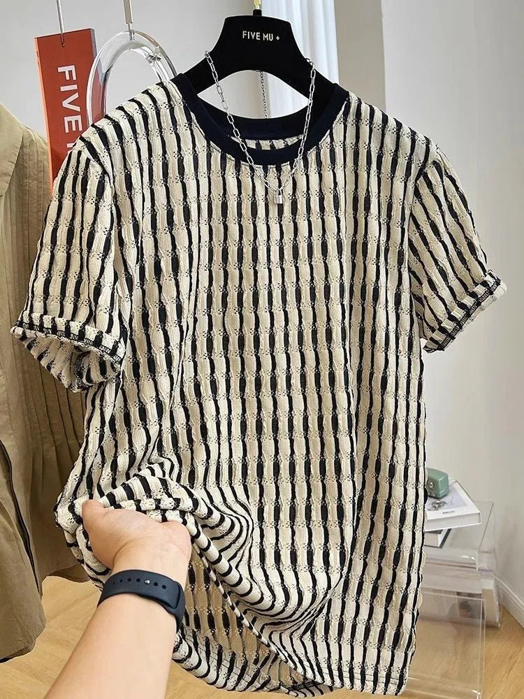 Black striped men's loose fit casual short sleeve pullover shirt on a hanger.