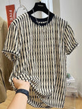 Black striped men's loose fit casual short sleeve pullover shirt on a hanger.