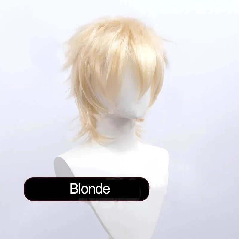 A short-style anime cosplay wig for men in a selected colour, showing its lengthened hair tail.