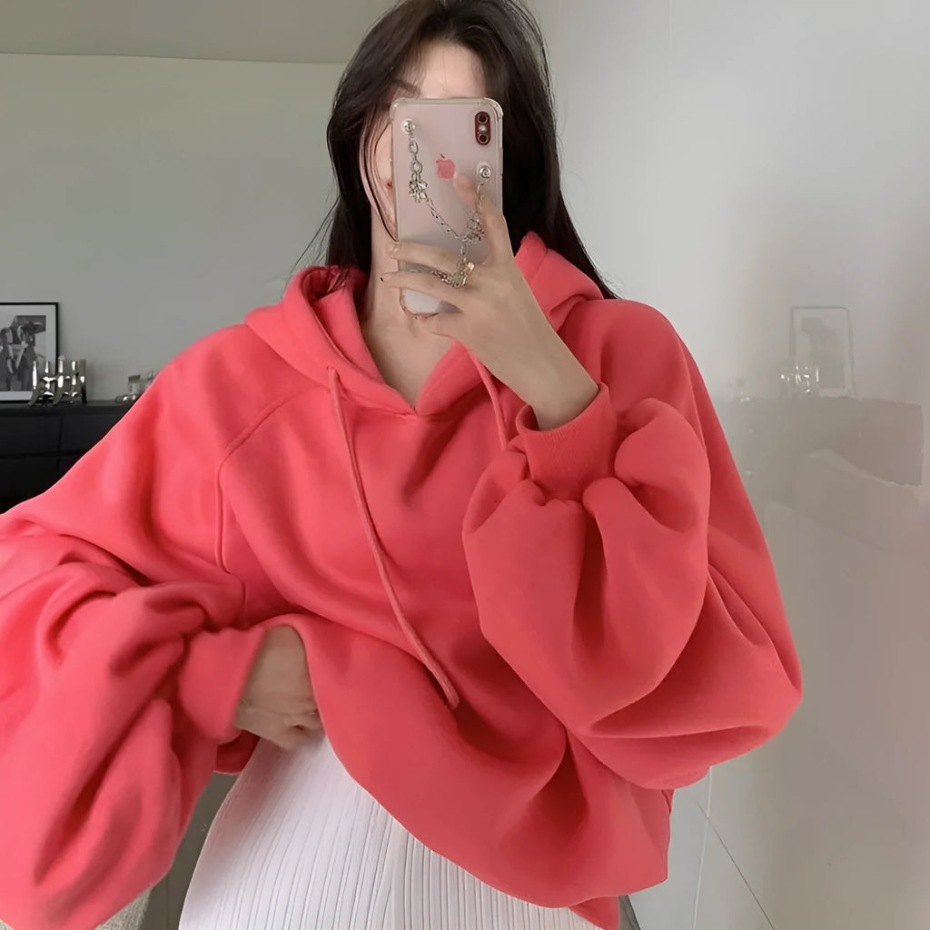 Women's watermelon red mulberry silk loose hooded sweater front and back views