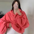 Women's watermelon red mulberry silk loose hooded sweater front and back views