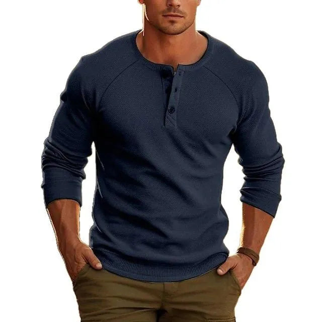 Men's white Henry collar long sleeve T-shirt with cotton blend fabric on hanger