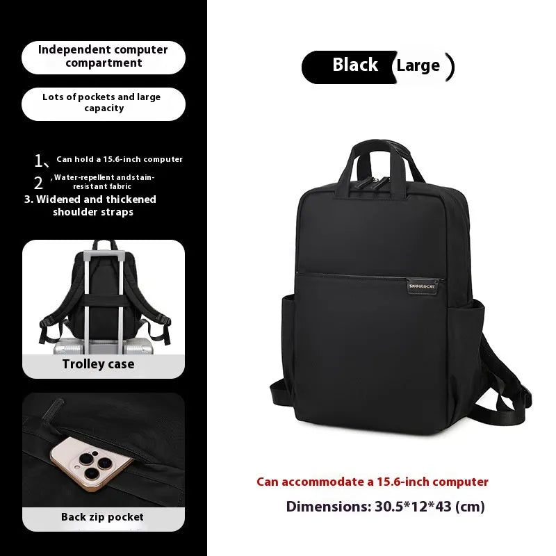 Nylon women's travel backpack in apricot colour showing front pockets and laptop compartment.