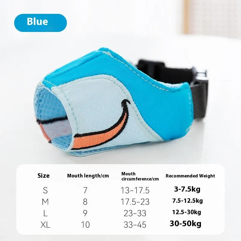Canvas dog muzzle in Ollie Brown Bear and Bondi Blue Shark colours, shown in S, M, L, and XL sizes.