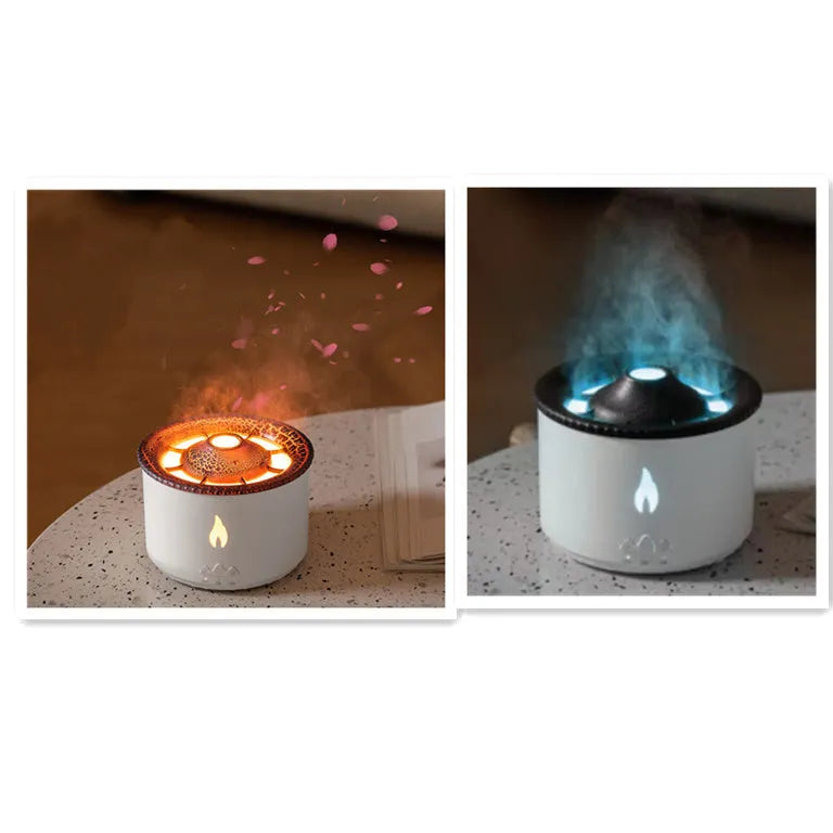 White volcano-shaped humidifier emitting a two-colour mist spray ring.