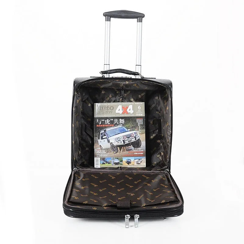 Black PU leather business case with TSA lock and four airline wheels