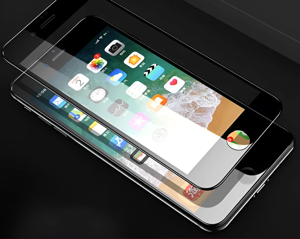 iPhone tempered glass screen protector with 3D carbon fibre soft edge in black and white options