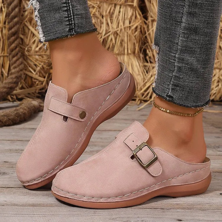 Women's casual wedge slippers in light brown with cloth upper and rubber sole