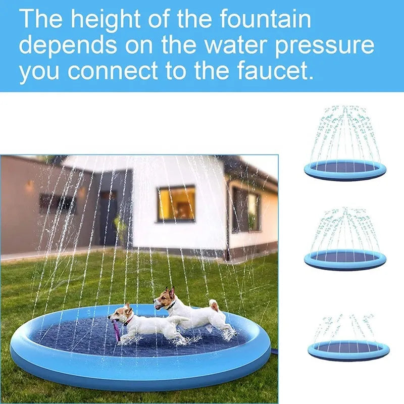 Blue inflatable dog sprinkler mat with water droplets on anti-slip surface, connected to a hose.