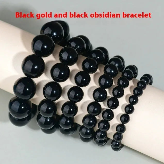 Hand-woven obsidian couple bracelet set with crystal beads in ethnic style design
