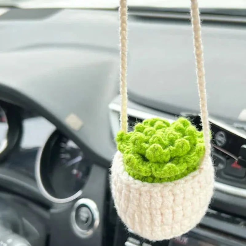 Green and white crochet car plant ornament with 25cm white hanging rope on 8cm basin base