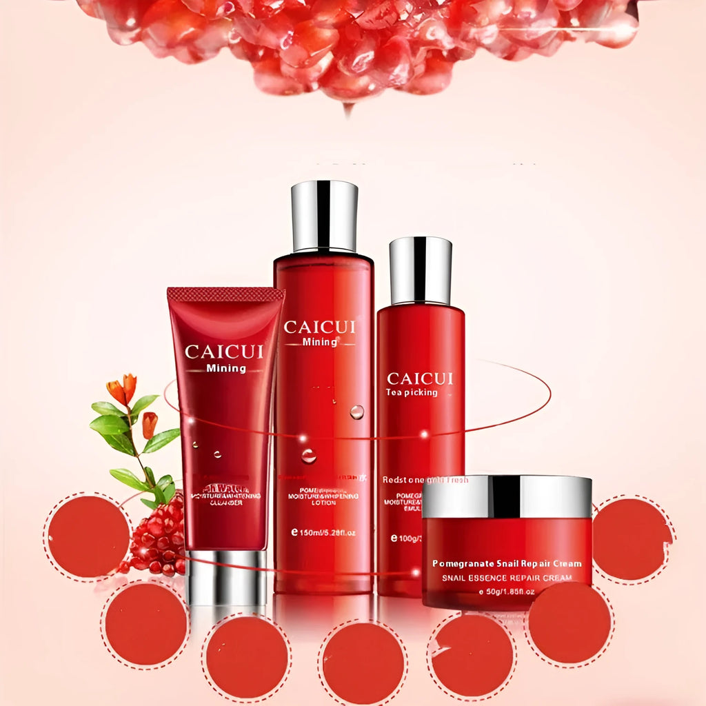 Red packaged pomegranate skincare set containing face wash, toner, lotion, and facial cream bottles.