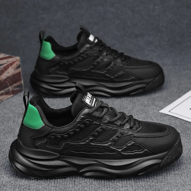 Men's white and black breathable mesh sports shoes with round-toe design and PU upper