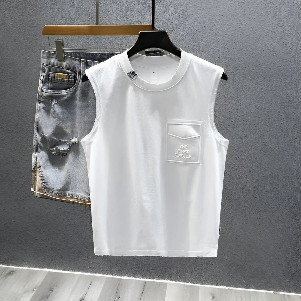 Men's loose fit cotton sleeveless t-shirt in black or white with straight hem design
